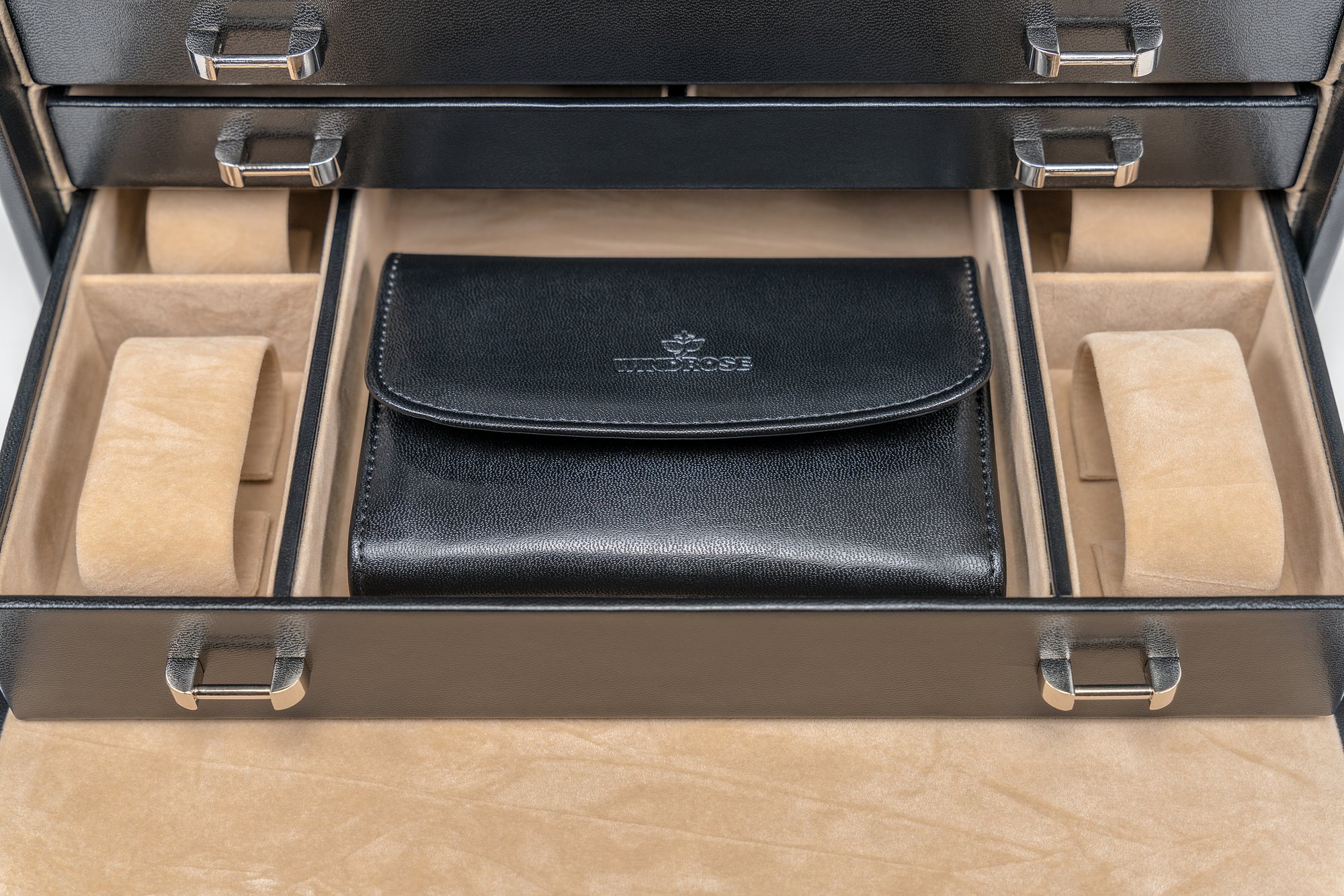 Jewelry/watch case with inlaid jewelry pouch Merino / black