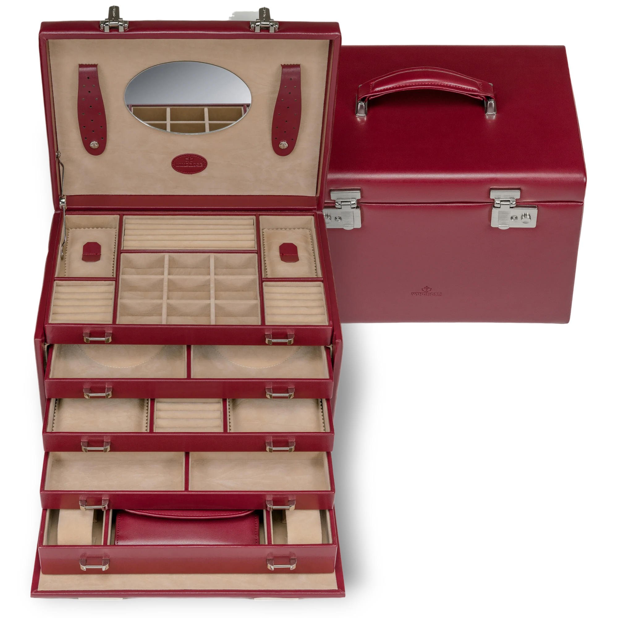 Coffret à bijoux/montres avec pochette à bijoux intégrée Mérinos / rouge