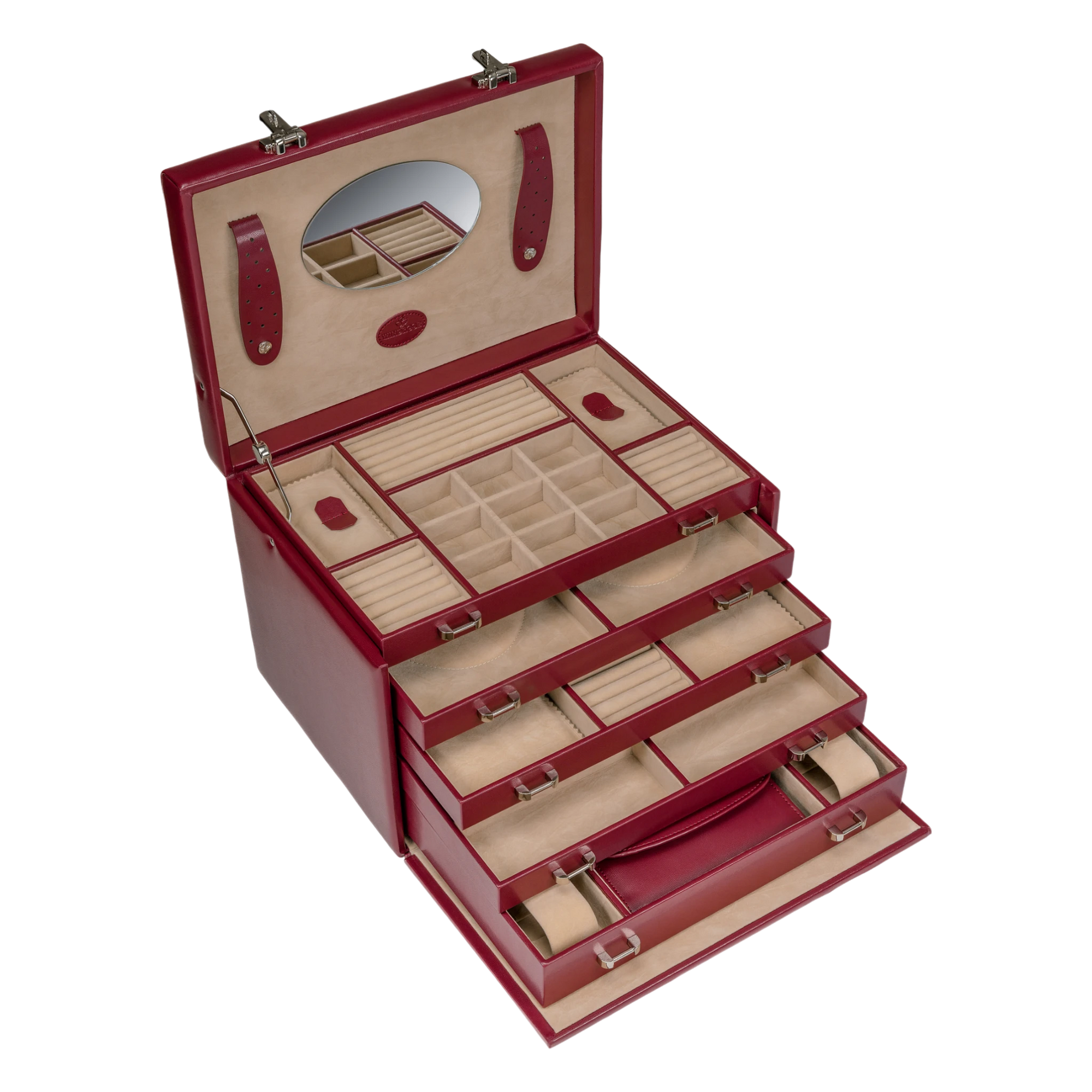 Coffret à bijoux/montres avec pochette à bijoux intégrée Mérinos / rouge