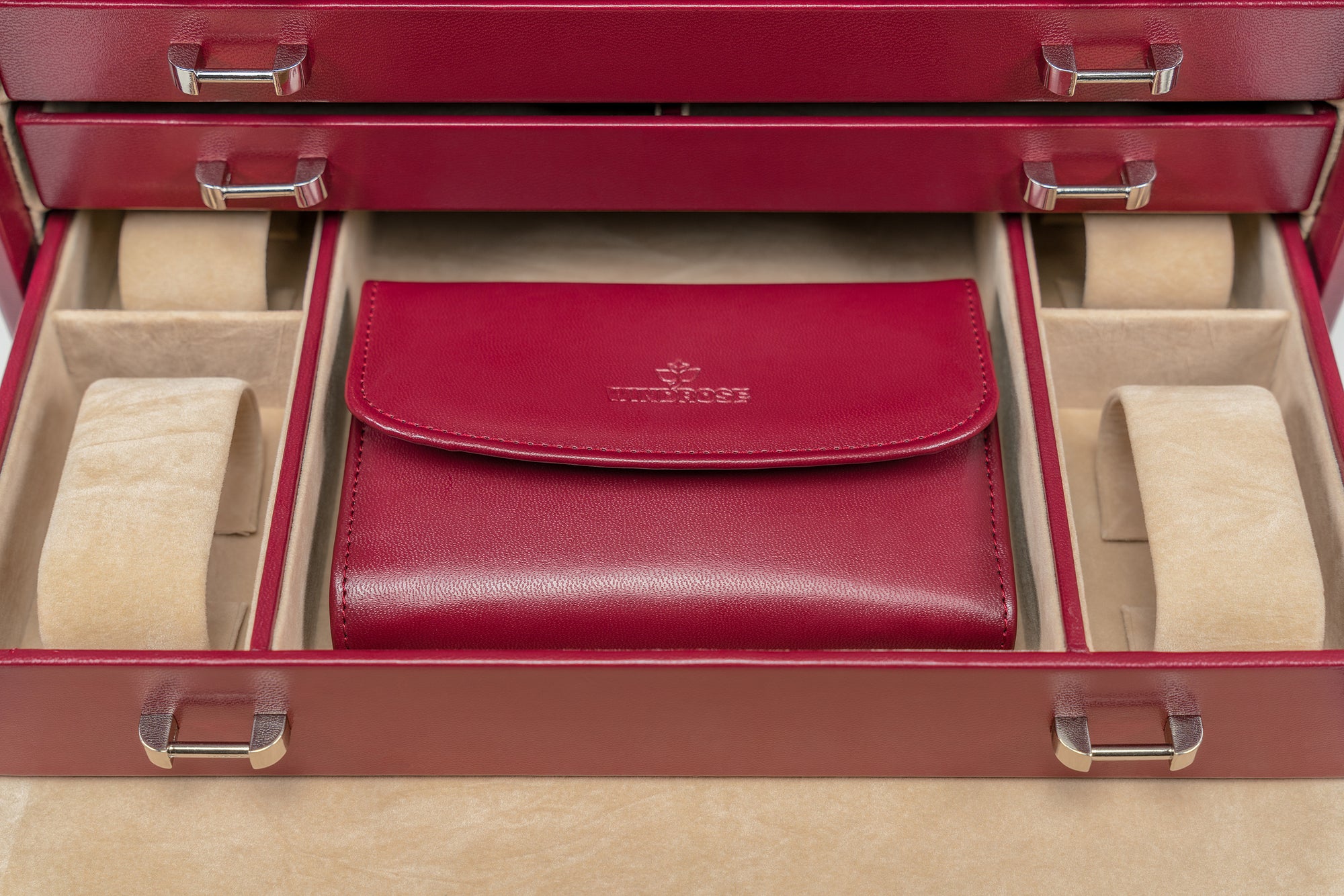 Coffret à bijoux/montres avec pochette à bijoux intégrée Mérinos / rouge