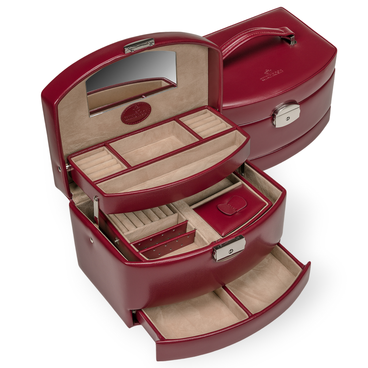 Automatik-Schmuckkoffer mit Reiseeinsatz merino / rot – Windrose