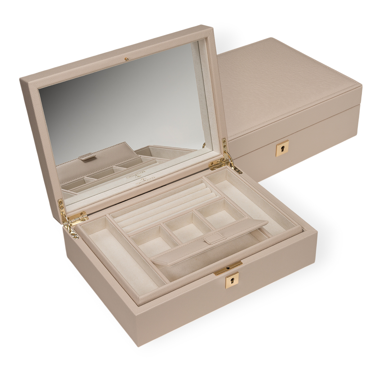 Charmbox luxora beige – geöffnet mit Spiegel, Schrägansicht mit geschlossener Box