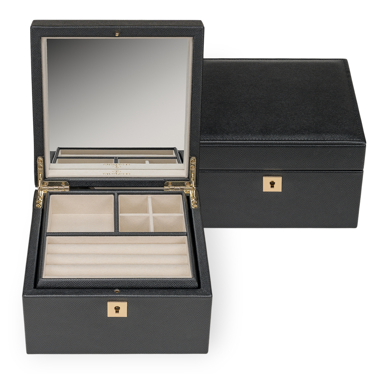 Schmuckkoffer luxora schwarz (Art.-Nr. 803991.08) – geöffnet mit Spiegel, Frontansicht mit geschlossener Box