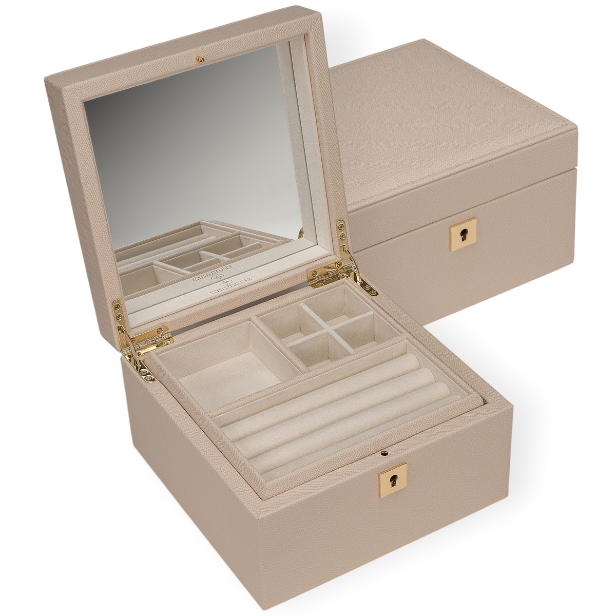 Schmuckkoffer luxora beige (Art.-Nr. 803991.12) – geöffnet mit Spiegel, Schrägansicht mit geschlossener Box