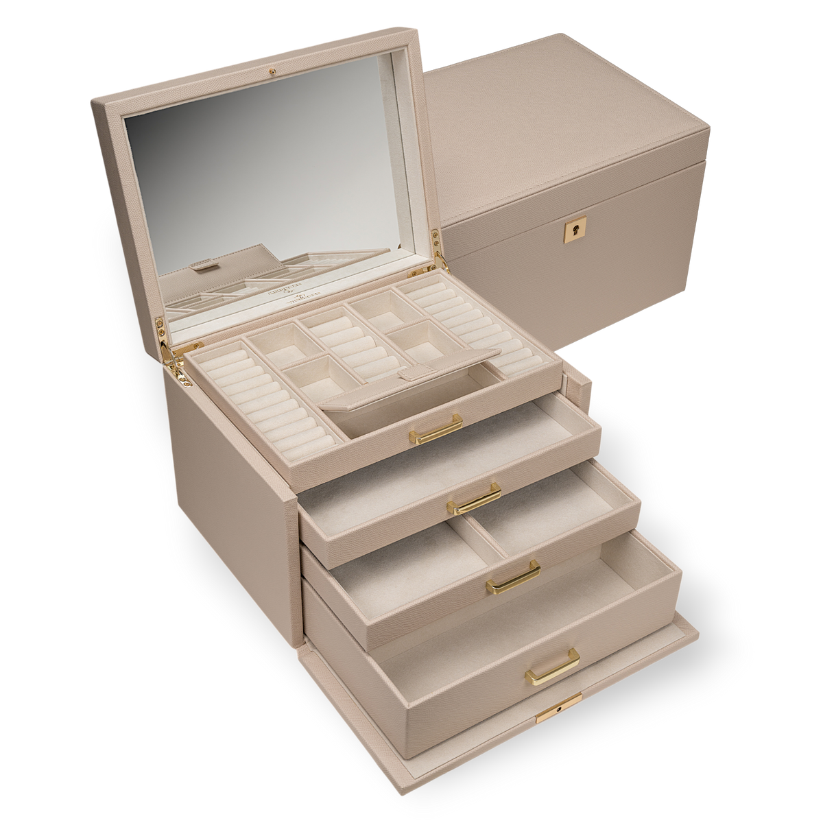 Schmuckkoffer luxora beige (Art.-Nr. 803992.12) – geöffnet mit ausgezogenen Schubladen, Schrägansicht mit geschlossener Box
