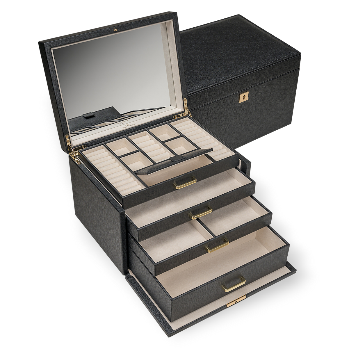 Schmuckkoffer luxora schwarz (Art.-Nr. 803992.08) – geöffnet mit ausgezogenen Schubladen, Schrägansicht mit geschlossener Box