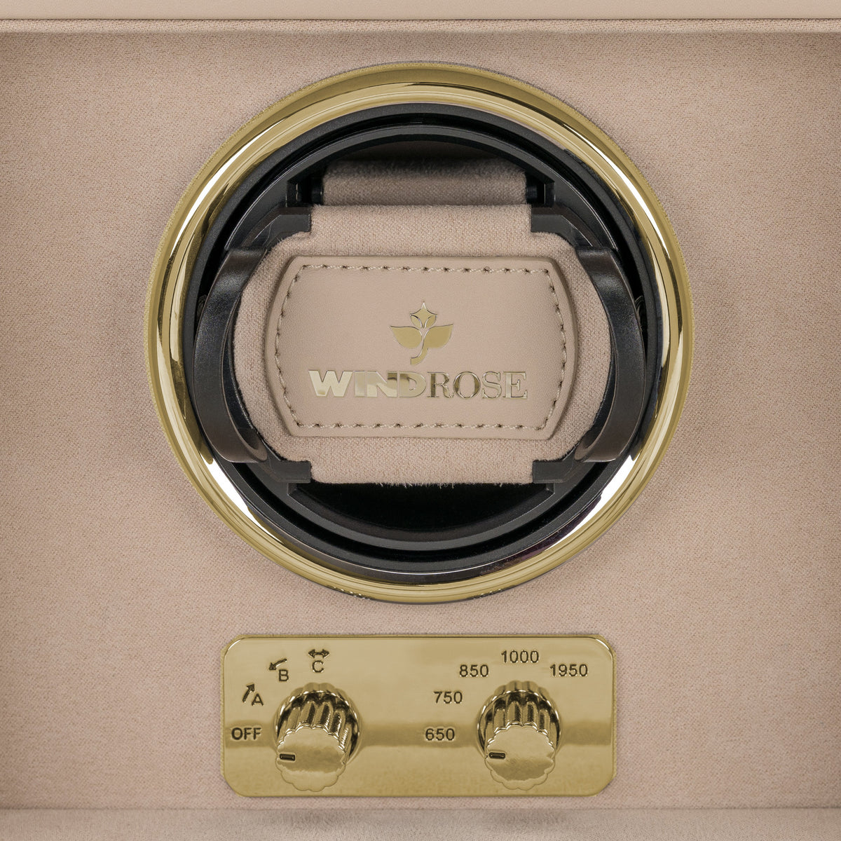 Uhrenbeweger 1 Uhr luxora beige-gold – Detailansicht Uhrenhalter und Bedienfeld
