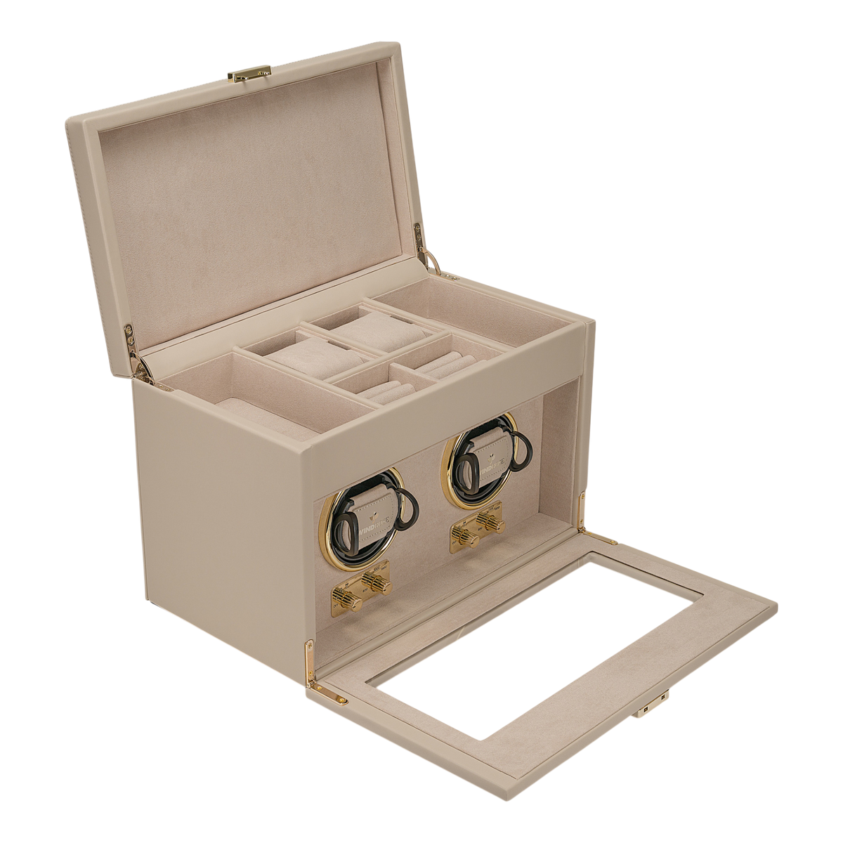 Uhrenbeweger 2 Uhren luxora beige-gold – geöffnet, Schrägansicht mit aufgeklappter Fronttür