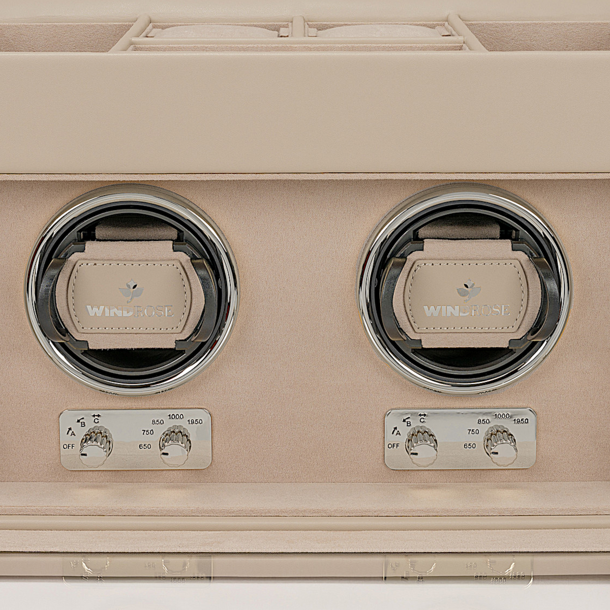 Uhrenbeweger 2 Uhren luxora beige-chrom – Detailansicht Uhrenhalter und Bedienfelder