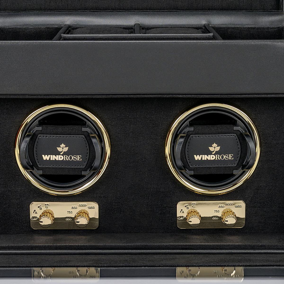 Uhrenbeweger 2 Uhren luxora schwarz-gold – Detailansicht Uhrenhalter und Bedienfelder