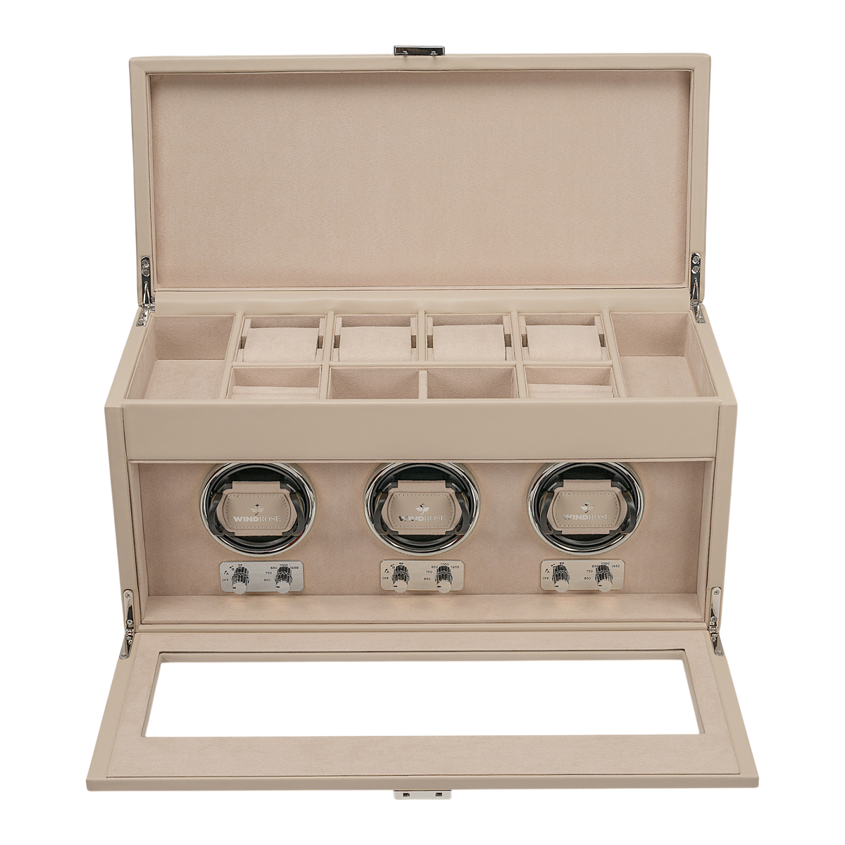 Uhrenbeweger 3 Uhren luxora beige-chrom – geöffnet, Frontansicht