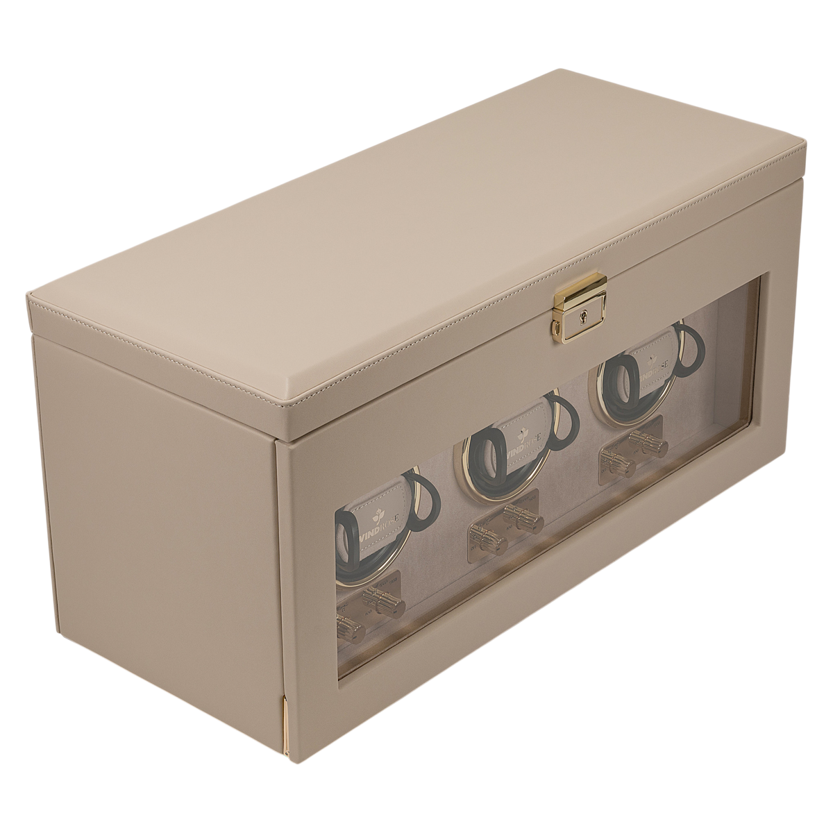 Uhrenbeweger 3 Uhren luxora beige-gold – geschlossen, Schrägansicht mit Sichtfenster